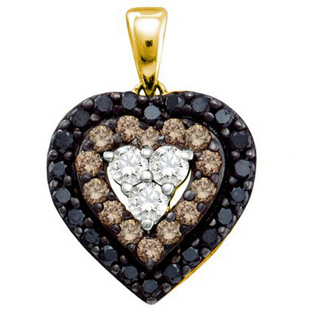 0.50 Carat (ctw) 14k Yellow Gold Brilliant White Brown & Black Diamond Ladies Heart Pendant