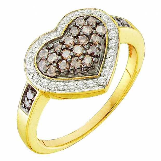 0.51 Carat (ctw) 10k Yellow Gold Round Brown & White Diamond Ladies Cocktail Heart Promise Ring