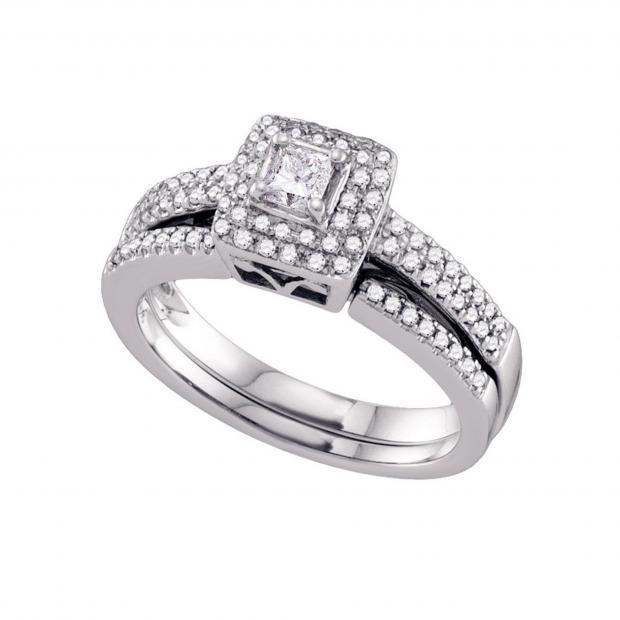 0.50 Carat (ctw) 14k White Gold Round & Princess Cut White Diamond Ladies Bridal Engagement Ring Set