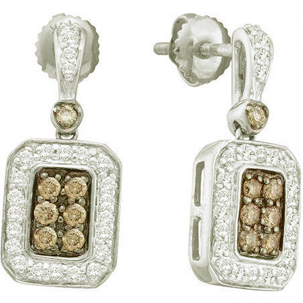 0.50 Carat (ctw) 10k White Gold Round Brown & White Diamond Ladies Fashion Drop Earrings