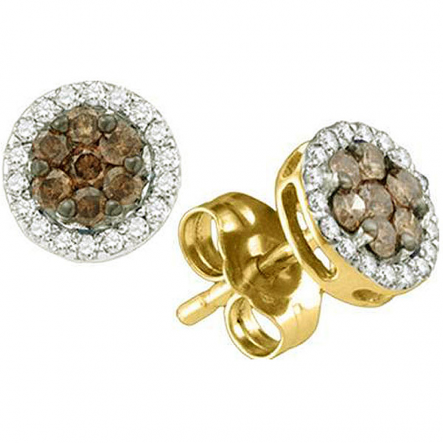 0.25 Carat (ctw) 10k Yellow Gold Brown & White Diamond Ladies Cluster Earrings