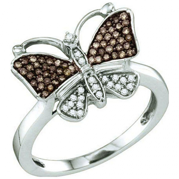 0.22 Carat (ctw) 10k White Gold Round Champagne & White Diamond Cocktail Right Hand Butterfly Ring