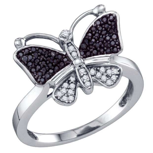 0.23 Carat (ctw) 10K White Gold Round Black & White Diamond Cocktail Right Hand Butterfly Ring 1/4 CT