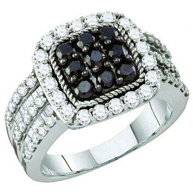 2.01 Carat (ctw) 10k White Gold Round & Baguette Cut Black & White Diamond Ladies Right Hand Fashion Ring