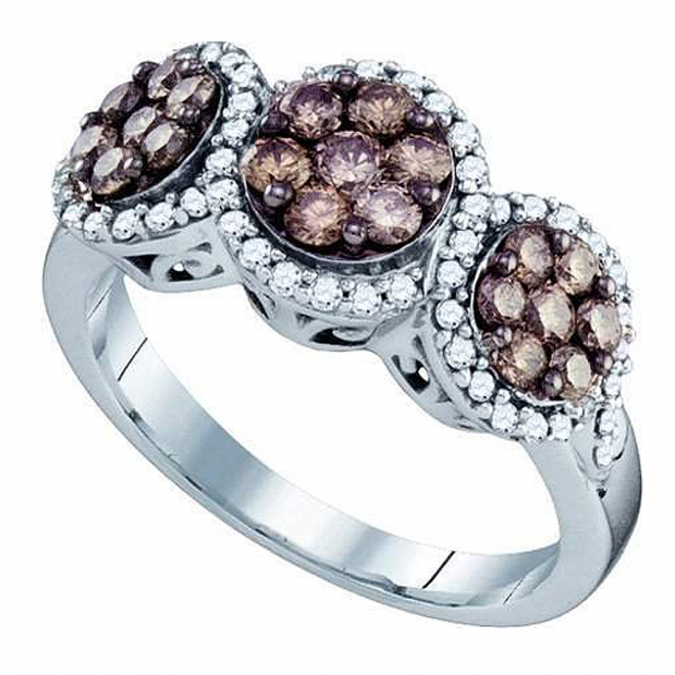 1.05 Carat (ctw) 10k White Gold Round Brown & White Diamond Ladies Right Hand Flower Ring