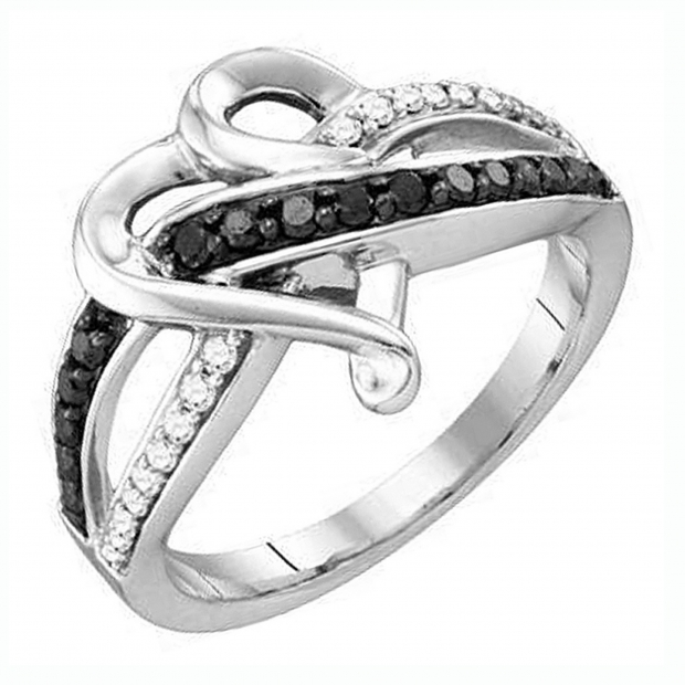 0.36 Carat (ctw) 10k White Gold Round Black & White Diamond Ladies Crossover Heart Bridal Promise Ring