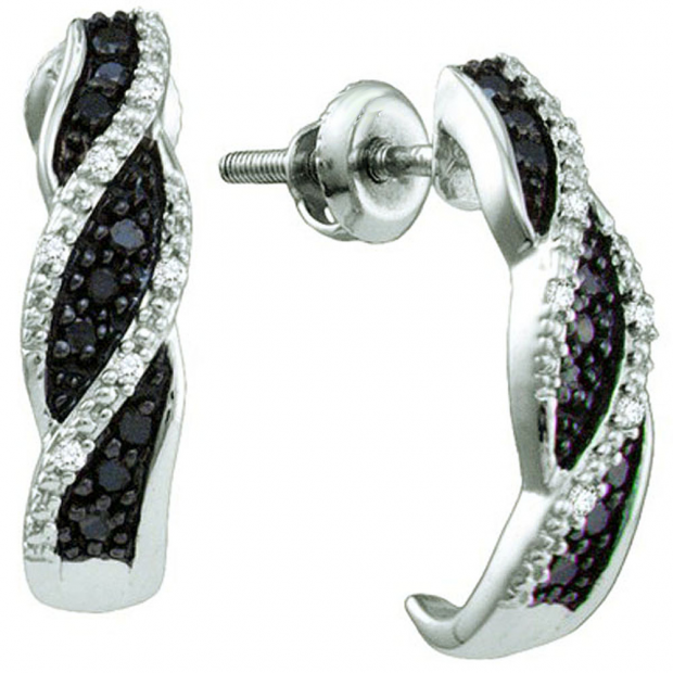 0.19 CT 10k White Gold Black & White Diamond Ladies Hoop Earrings