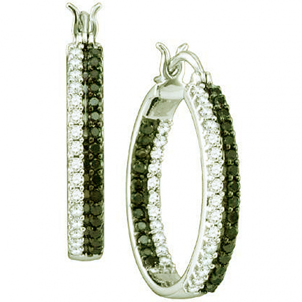 0.98 Carat (ctw) 10k White Gold Round Black & White Diamond Ladies Hoops Earrings