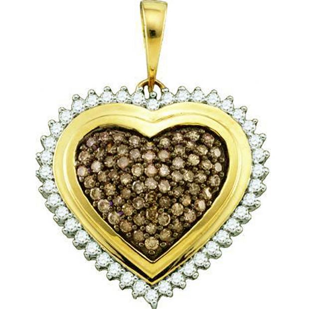 1.02 Carat (ctw) 10k Yellow Gold Round Champagne & White Diamond Ladies Heart Pendant