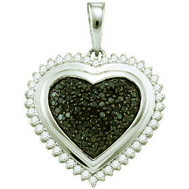 0.91 Carat (ctw) 10k White Gold Round Black & White Diamond Ladies Heart Pendant