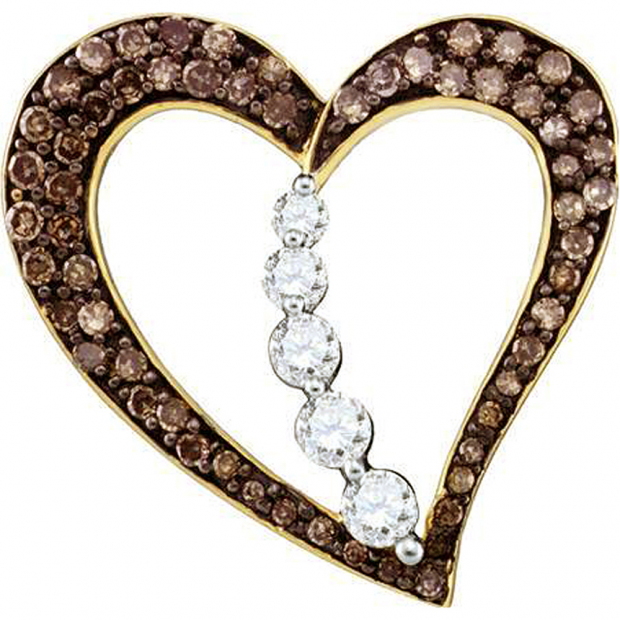 0.51 Carat (ctw) 10k Yellow Gold Round Brown & White Diamond Ladies Heart Pendant
