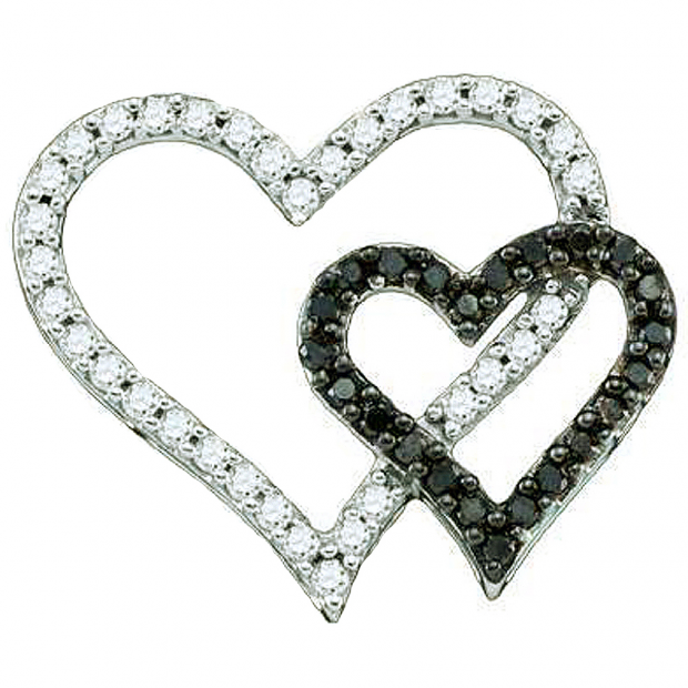 0.53 Carat (ctw) 10k White Gold Round Black & White Diamond Ladies Double Heart Pendant