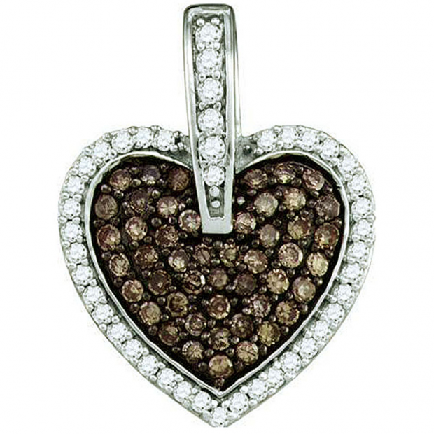 0.54 Carat (ctw) 10k White Gold Round White & Brown Diamond Ladies Heart Pendant