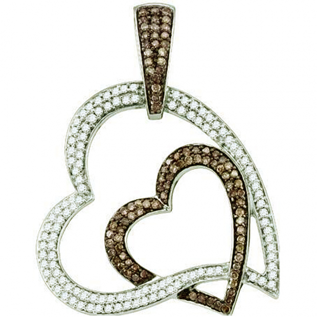 1.15 Carat (ctw) 10k White Gold Round Champagne & White Diamond Ladies Double Heart Pendant
