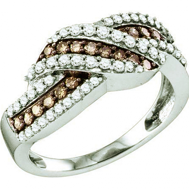 0.75 Carat (ctw) 10k White Gold Round Champagne & White Diamond Ladies Swirl Right Hand Fashion Band