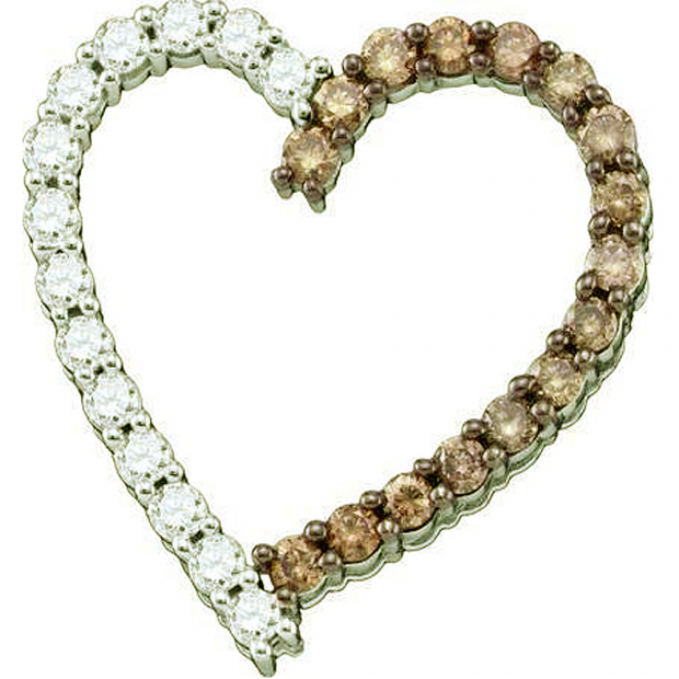 1.34 Carat (ctw) 10k White Gold Round Brown & White Diamond Ladies Heart Pendant