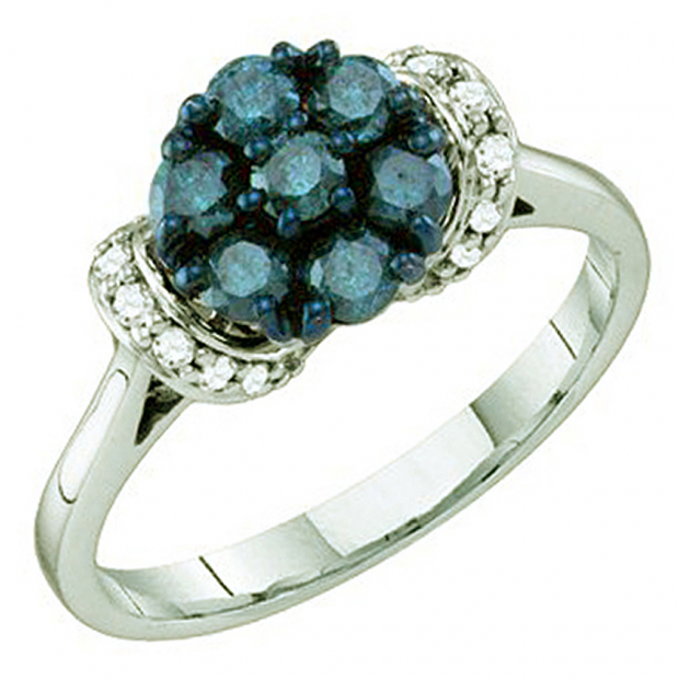 0.66 Carat (ctw) 10k White Gold Round Blue & White Diamond Ladies Cluster Flower Right Hand Ring