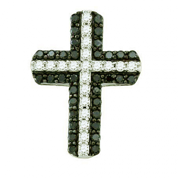 0.80 Carat (ctw) 10k White Gold Round Black & White Diamond Ladies Cross Pendant