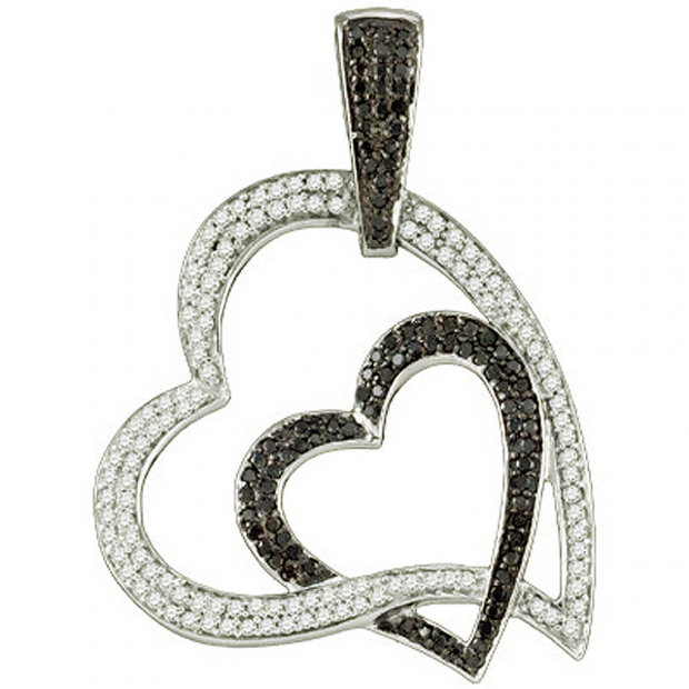 1.04 Carat (ctw) 10k White Gold Round Black & White Diamond Ladies Double Heart Pendant