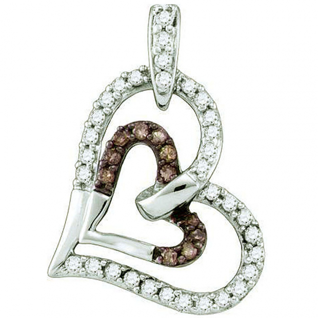 0.30 Carat (ctw) 10k White Gold Round Champagne & White Diamond Ladies Heart Pendant