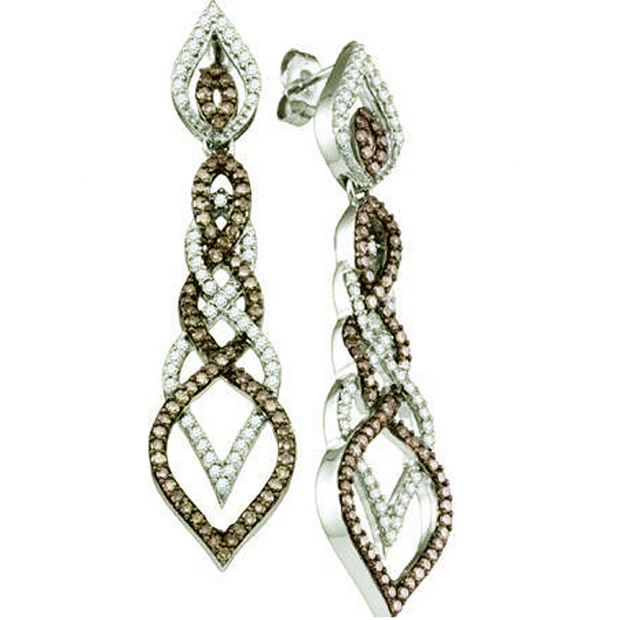 1.50 Carat (ctw) 10k White Gold Round Brown & White Diamond Ladies Dangling Drop Earrings
