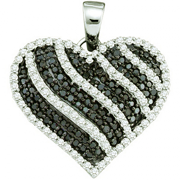1.00 Carat (ctw) 10k White Gold Round Black & White Diamond Ladies Heart Pendant