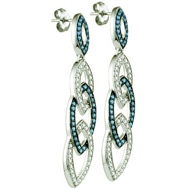 1.45 Carat (ctw) 10k White Gold Round Blue & White Diamond Ladies Fashion Dangling Earrings