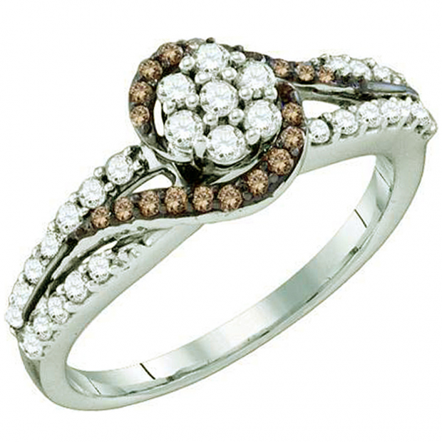 0.57 Carat (ctw) 10k White Gold Round Champagne & White Diamond Ladies Split Shank Swirl Bridal Engagement Ring