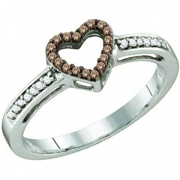 0.12 Carat (ctw) 10k White Gold Brown & White Diamond Ladies Heart Promise Ring
