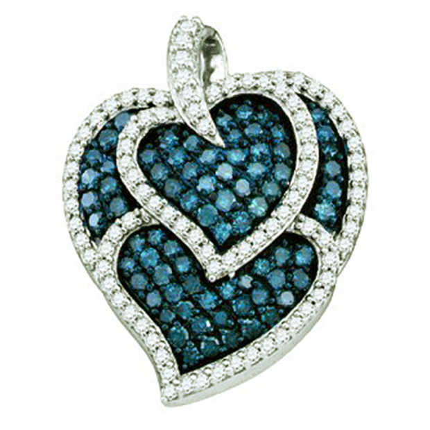 1.05 Carat (ctw) 10k White Gold Round Blue & White Diamond Ladies Heart Fashion Pendant