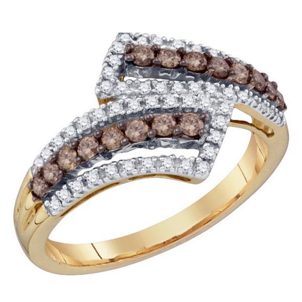 0.54 Carat (ctw) 10K Yellow Gold Round Champagne & White Diamond Ladies Bypass Fashion Right Hand Band 1/2 CT