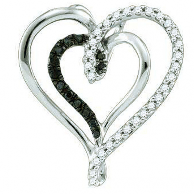 0.24 Carat (ctw) 10k White Gold Black & White Diamond Ladies Double Heart Pendant