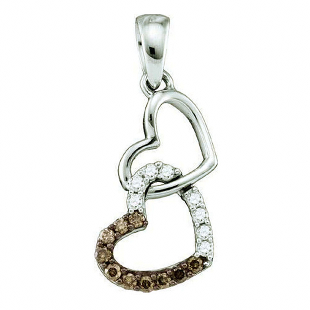 0.16 Carat (ctw) 10k White Gold Brown & White Diamond Ladies Double Heart Pendant