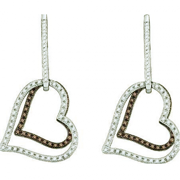 0.55 Carat (ctw) 10k White Gold Round Brown & White Diamond Ladies Heart Shape Dangling Drop Earrings