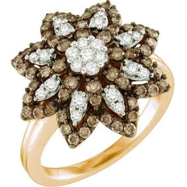 1.10 Carat (ctw) 10k Rose Gold Round Brown & White Diamond Ladies Right Hand Flower Ring