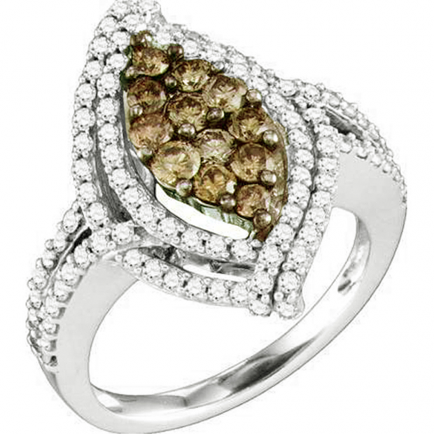 1.58 Carat (ctw) 10k White Gold Round White & Champagne  Diamond Ladies Fashion Engagement Ring