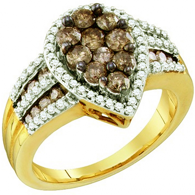 1.40 Carat (ctw) 10k Yellow Gold Round Brown & White Diamond Ladies Right Hand Fashion Ring