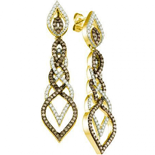 1.50 Carat (ctw) 10k Yellow Gold Round Brown & White Diamond Ladies Dangling Drop Earrings
