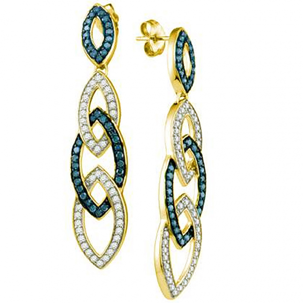 1.45 Carat (ctw) 10k Yellow Gold Round Blue & White Diamond Ladies Fashion Dangling Earrings