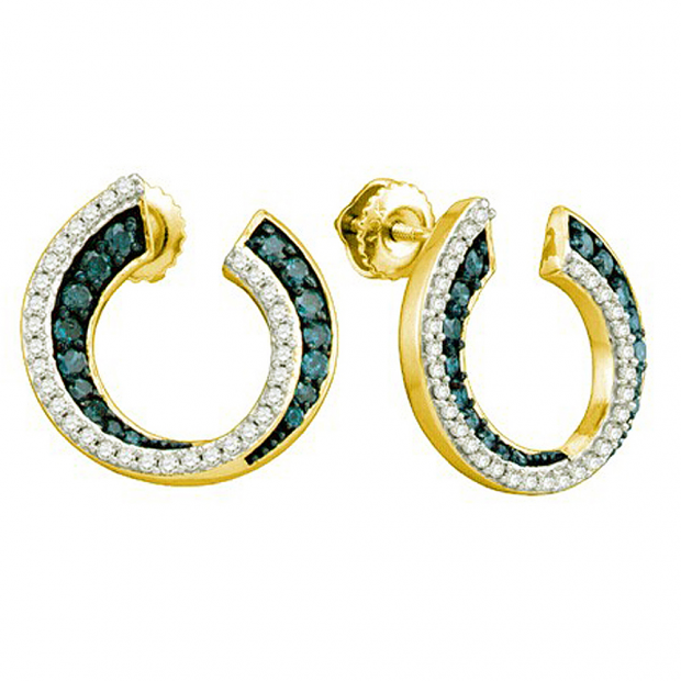 0.75 Carat (ctw) 10k Yellow Gold Round Blue & White Diamond Ladies Fashion Earrings