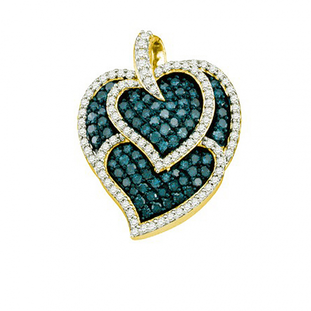 1.05 Carat (ctw) 10k Yellow Gold Round Blue & White Diamond Ladies Heart Fashion Pendant