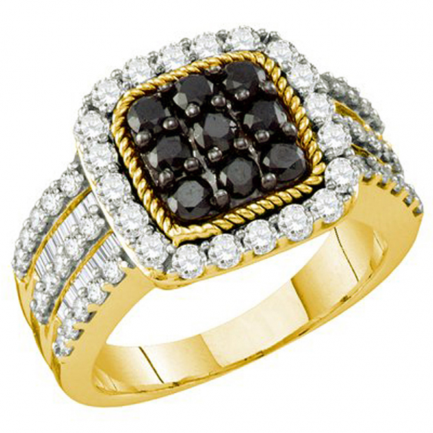 2.01 Carat (ctw) 10k Yellow Gold Round & Baguette Cut Black & White Diamond Ladies Right Hand Fashion Ring
