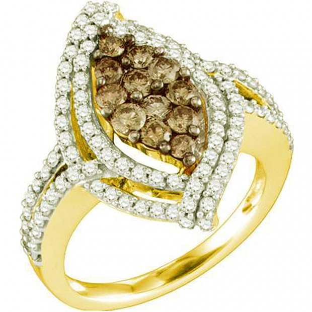 1.58 Carat (ctw) 10k Yellow Gold Round White & Champagne Diamond Ladies Fashion Engagement Ring