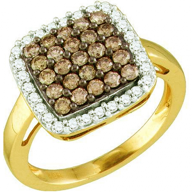 1.07 Carat (ctw) 10k Yellow Gold Round Brown & White Diamond Ladies Right Hand Fashion Ring