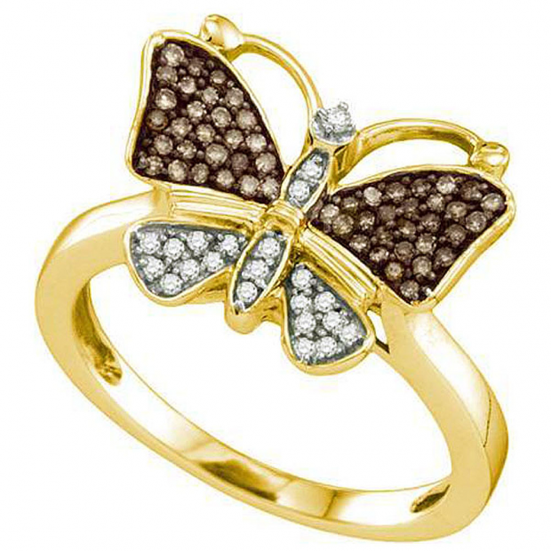 0.22 Carat (ctw) 10k Yellow Gold Round Champagne & White Diamond Cocktail Right Hand Butterfly Ring