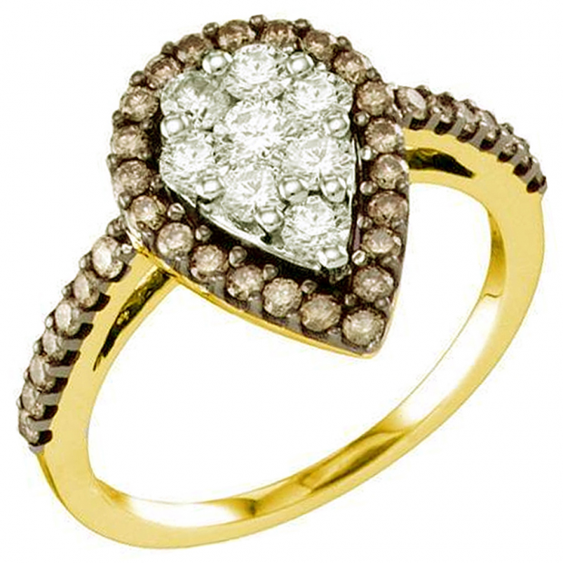 0.99 Carat (ctw) 10k Yellow Gold Round Brown & White Diamond Ladies Right Hand Fashion Ring