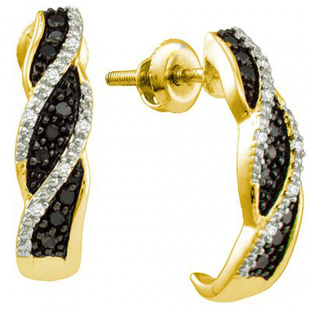0.19 CT 10k Yellow Gold Black & White Diamond Ladies Hoop Earrings