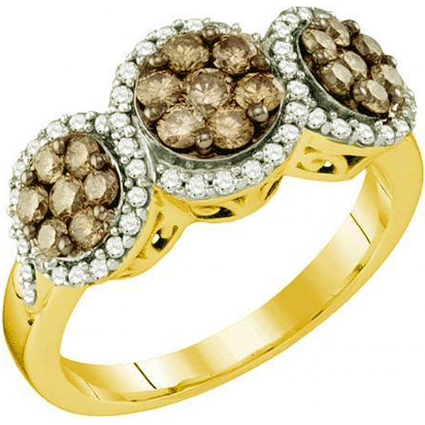 1.05 Carat (ctw) 10k Yellow Gold Round Brown & White Diamond Ladies Right Hand Flower Ring