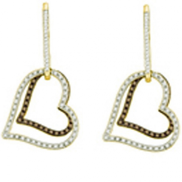 0.55 Carat (ctw) 10k Yellow Gold Round Brown & White Diamond Ladies Heart Shape Dangling Drop Earrings