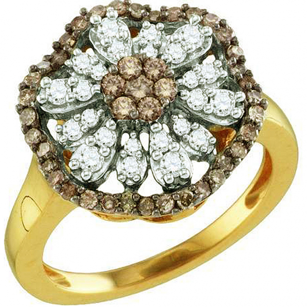 0.68 Carat (ctw) 10k Yellow Gold Round Champagne & White Diamond Ladies Cluster Flower Ring